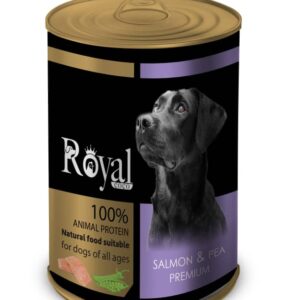 كنسرو مخصوص سگ با طعم سالمون و نخود سبز 380 گرمي  Royal coco
