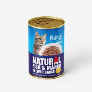 كنسرو نچرال گربه طعم ماهي با انبه در سس جگر 380 گرمي royal coco