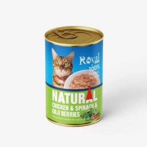كنسرو نچرال گربه طعم مرغ و اسفناج و گوجي بري 380گرمي royal coco